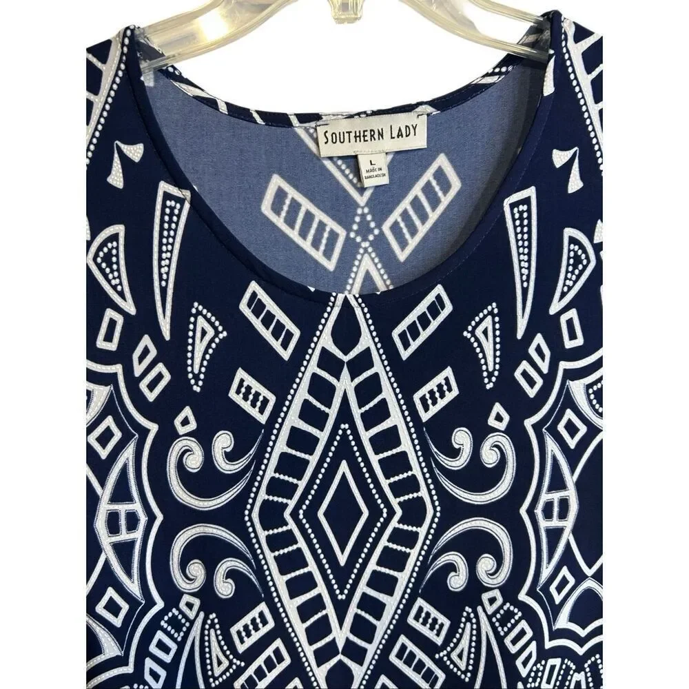 Southern Lady Navy Blue White Geometric Print 3/4 Sleeve Career Top Size L